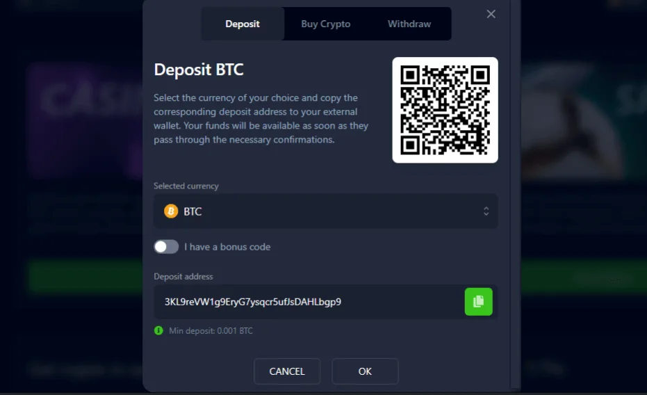 3. Copy the casino’s BTC wallet address